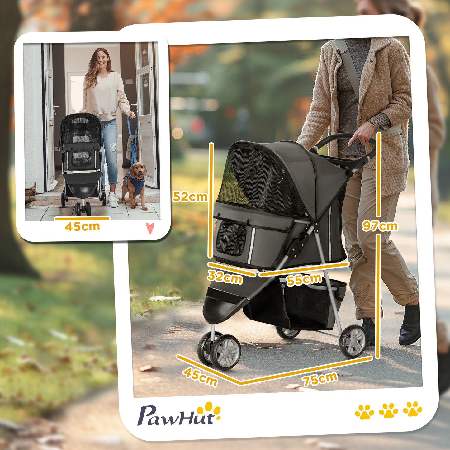 PawHut 3 Wheel Pet Stroller for Small and Miniature Dogs in Charcoal Grey